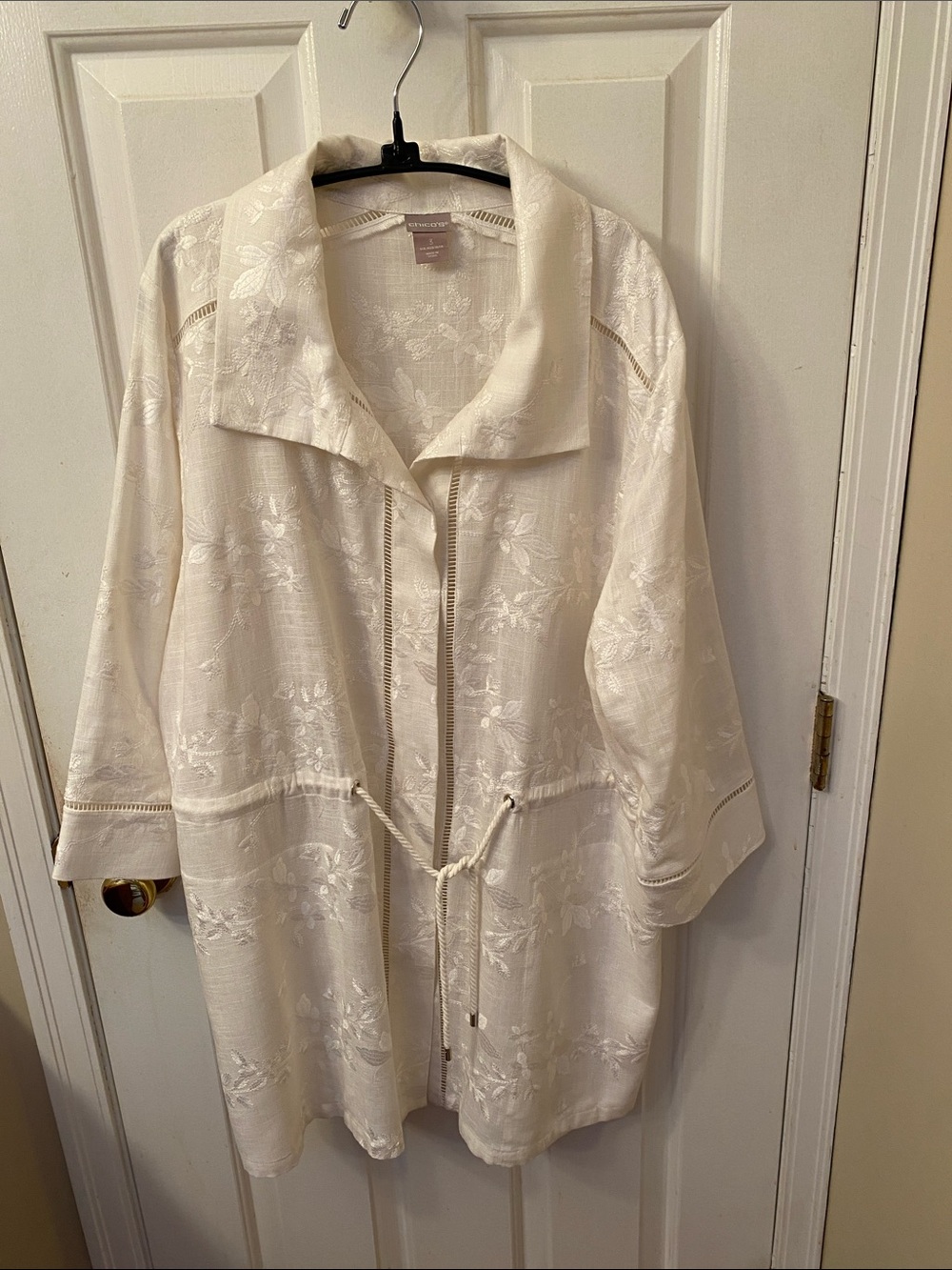 Chico’s Cream Embroidered Drawstring Cover-Up Jacket